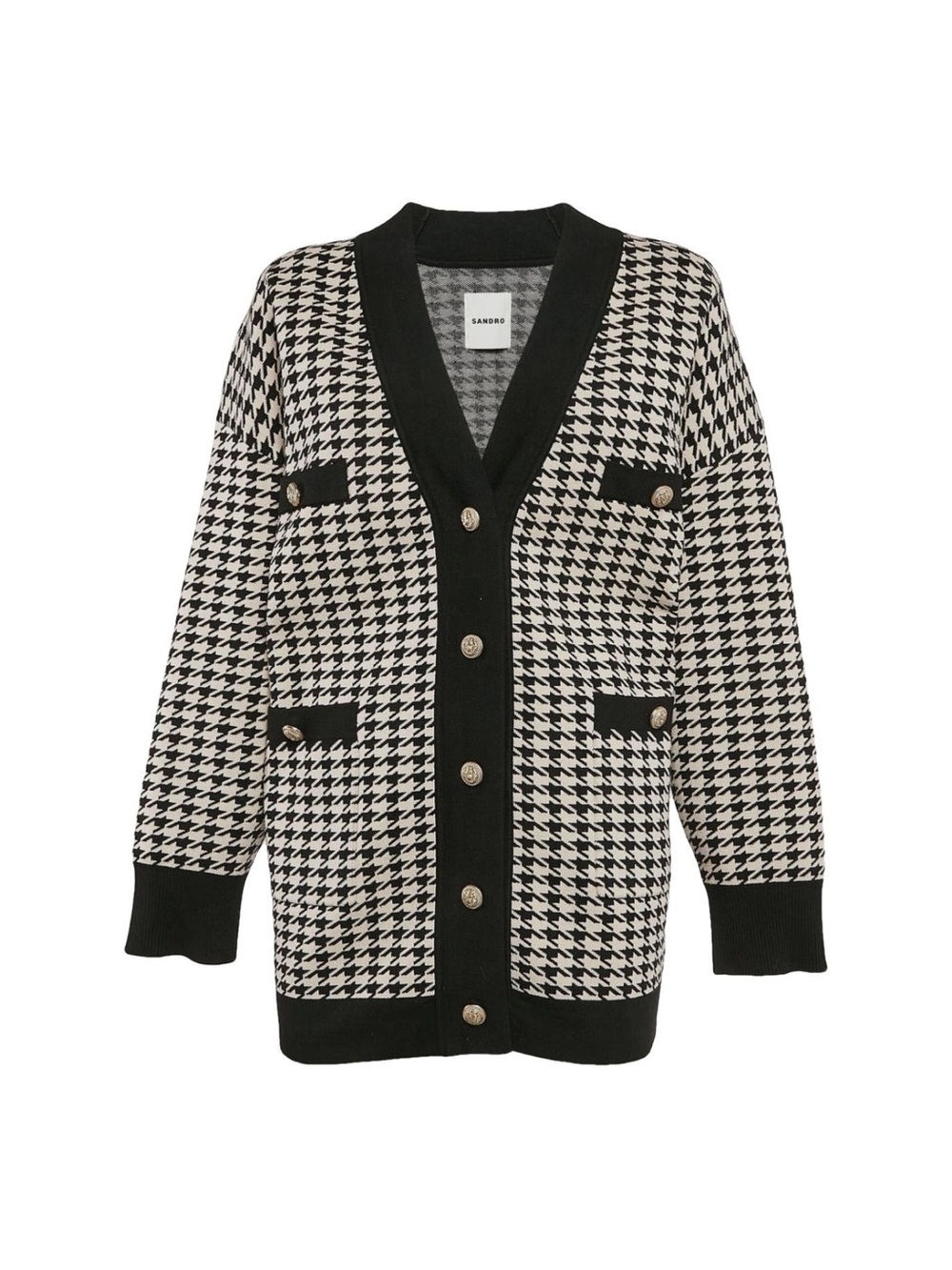 Sandro Black & White Houndstooth Knit V-Neck Button Cardigan